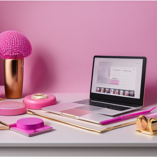 A glamorous, minimalist background with a laptop displaying a website featuring a bold, pink portfolio section, surrounded by scattered makeup brushes and a few elegant, pearl necklaces.