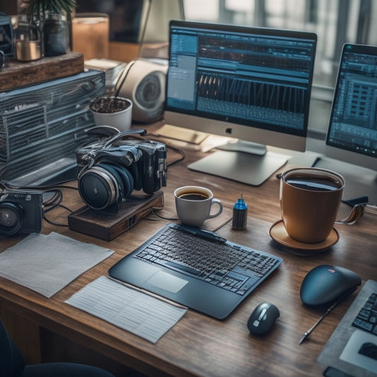 A cluttered desk with various music editing tools and equipment, including a laptop, headphones, MIDI keyboard, and audio interface, surrounded by scattered notes and empty coffee cups.