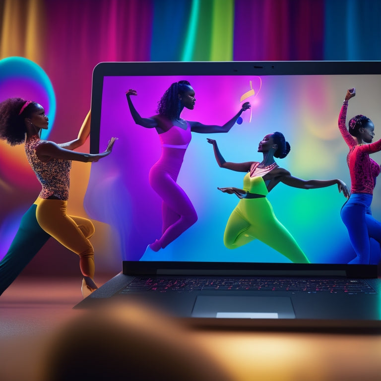 A vibrant, stylized illustration of a laptop or tablet screen displaying a dance instructor leading a virtual class, surrounded by dancing silhouettes, with colorful, swirling patterns and musical notes in the background.