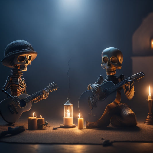 A dimly lit, eerie background with two playful, glowing-eyed skeletons, one playing a tiny guitar and the other holding a miniature lantern, surrounded by subtle, swirling mist.