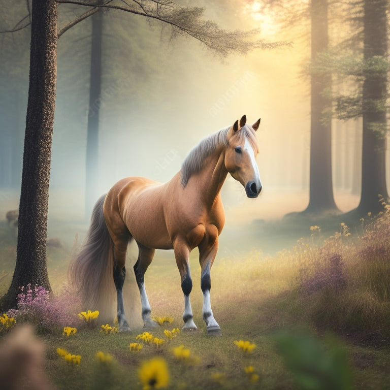 A majestic horse stands in a misty, golden-lit forest, adorned with flowers and feathers, surrounded by soft, whimsical clouds, with a subtle, shimmering aura and a sense of freedom and magic.