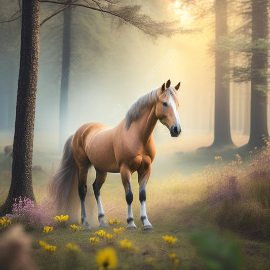 A majestic horse stands in a misty, golden-lit forest, adorned with flowers and feathers, surrounded by soft, whimsical clouds, with a subtle, shimmering aura and a sense of freedom and magic.