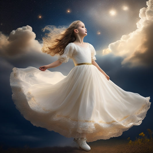 A serene, dreamy illustration of a young girl, Blair, in a flowing white dress, dancing amidst soft, white clouds, surrounded by delicate, shimmering stars, with a subtle, golden glow.