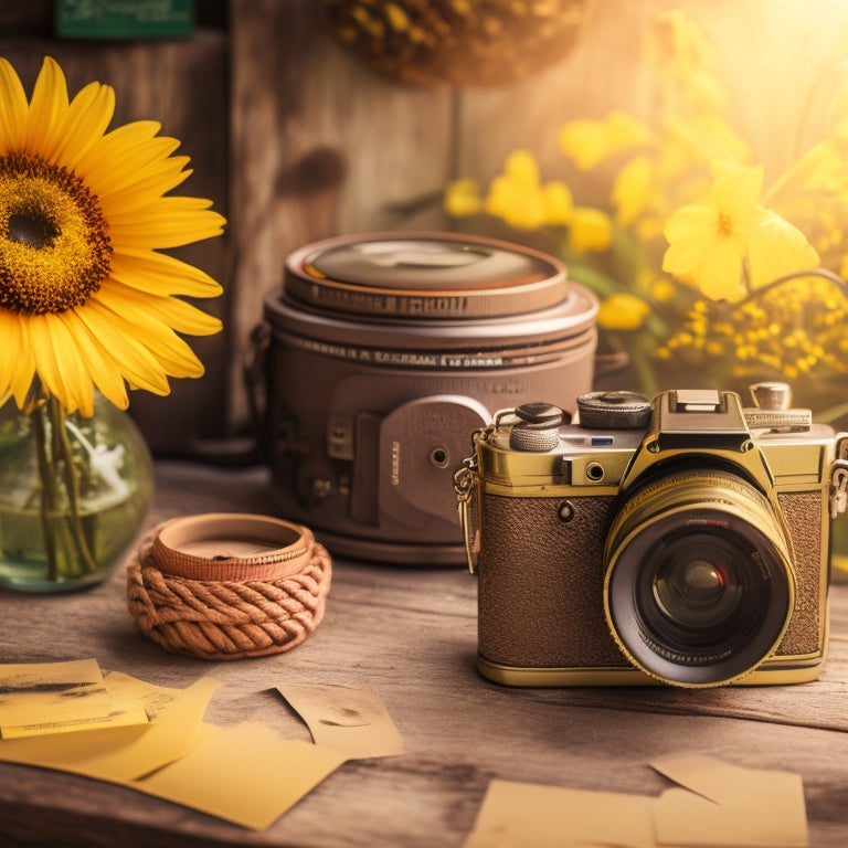 A warm, sun-kissed photograph of a vintage camera surrounded by scattered polaroids, film strips, and a few yellow flowers, set against a worn, wooden background with a subtle grain effect.