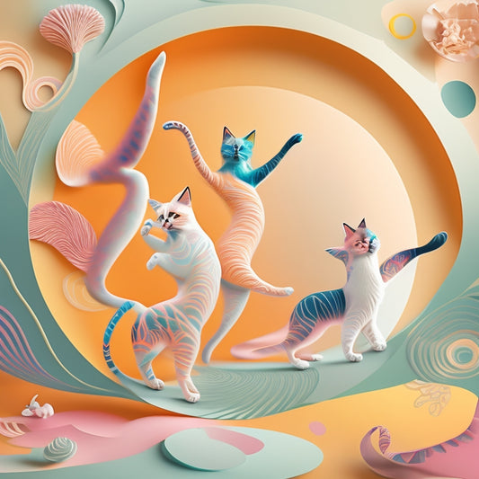 A whimsical illustration featuring a stylized cat silhouette in various dance poses, surrounded by swirling shapes and abstract patterns in pastel colors, set against a soft, white background.