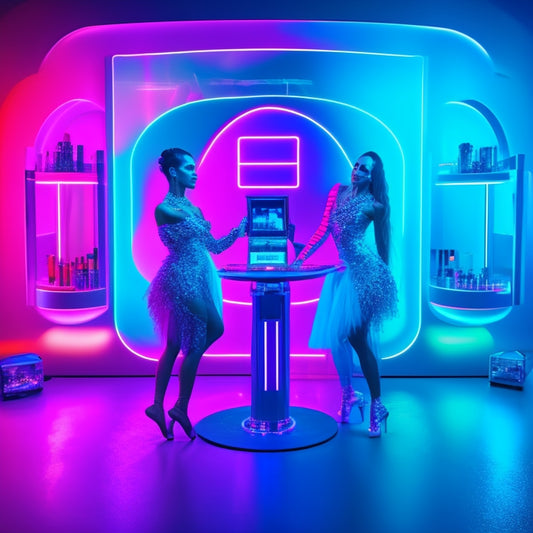 A futuristic makeup station with a dancer in front of a virtual mirror, surrounded by floating digital makeup palettes and 3D avatars of different dance styles, with neon lights and holographic effects.