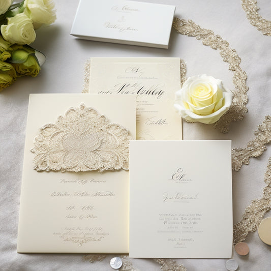 A elegant, ivory-colored wedding invitation lies open on a lace-covered table, surrounded by scattered coins and a small, leather-bound tipping guide, with a delicate, crystal pen resting on top.