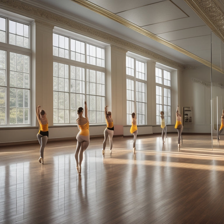 A serene dance studio with seven different ballet barres against a mirrored wall, with dancers in various poses, and a wooden floor reflecting the elegance of the scene.