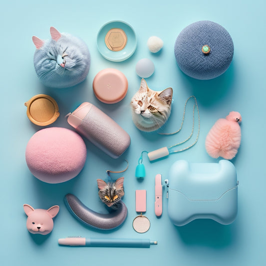 A whimsical illustration featuring a cat's paw cradling an AirPods case, surrounded by scattered cat toys and a few pens standing upright in a miniature cat-shaped pen holder, all on a soft, pastel-blue background.