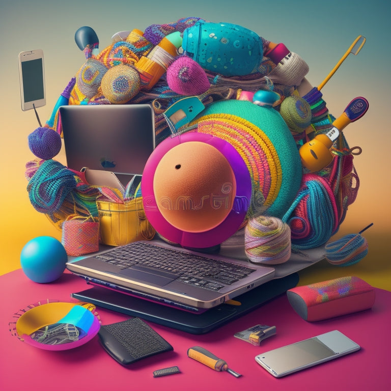 A whimsical illustration of a giant belly, surrounded by various community-building tools like laptops, smartphones, and tablets, with colorful threads weaving them together in a harmonious dance.