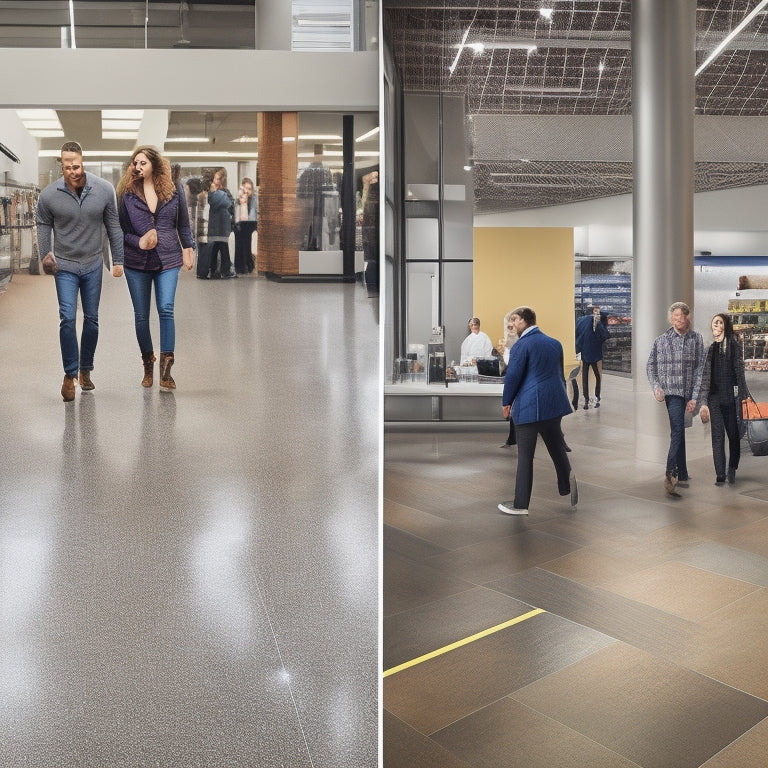 A modern commercial space showcasing various slip-resistant flooring options: textured vinyl, rubber tiles, and polished concrete, with a diverse group of people walking safely, emphasizing traction and durability in a bright, inviting environment.