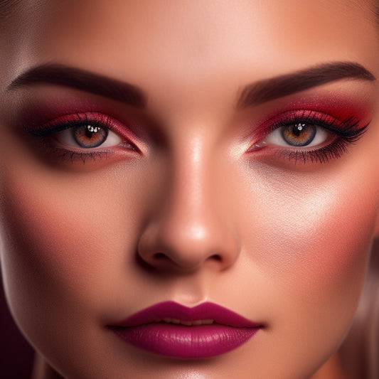 A glamorous, close-up portrait of a dancer's face, with flawless, long-lasting makeup: bold, bright eyeshadow, defined brows, and luscious lashes, set against a dark, blurred background.