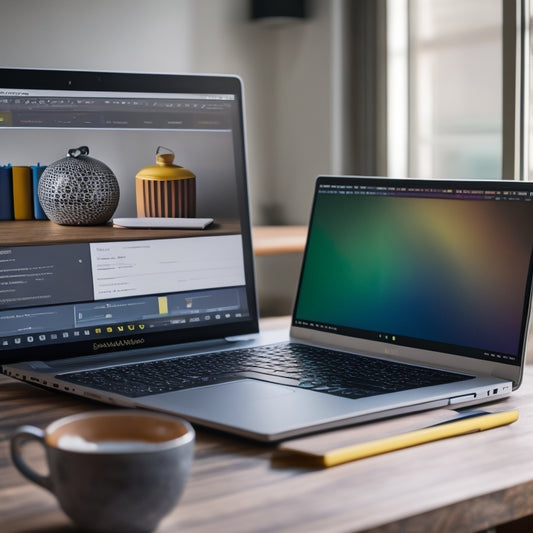 A laptop screen displaying a colorful, interactive online course platform, surrounded by scattered notebooks, pens, and a cup of coffee, set against a modern, minimalist workspace background.