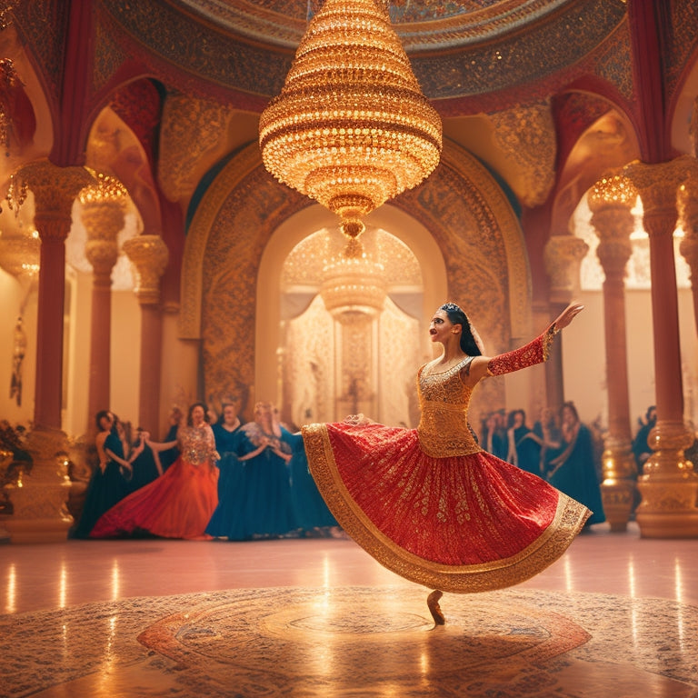 A vibrant, golden-lit dance studio with a beautiful, ornate Middle Eastern-inspired backdrop, featuring a dancer in mid-motion, surrounded by intricate patterns and rhythmic instruments.