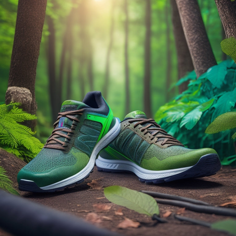 A pair of stylish ankle support shoes designed for flat feet, showcasing arch support features, cushioned soles, and adjustable straps. Set against a vibrant backdrop of a running trail with green foliage.