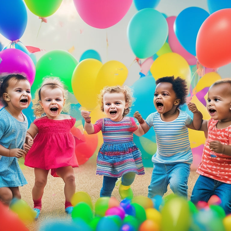 A bright, colorful illustration of toddlers (ages 1-3) gathered in a circle, dancing and playing with instruments, surrounded by balloons and confetti, with a sunny background and soft, blurred edges.