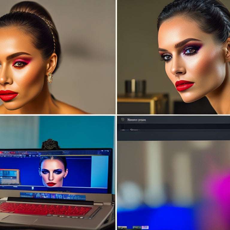 A split-screen image featuring a professional dancer in a studio, wearing a bold, glamorous makeup look on one side, and a laptop with a virtual makeup class on the screen on the other side.