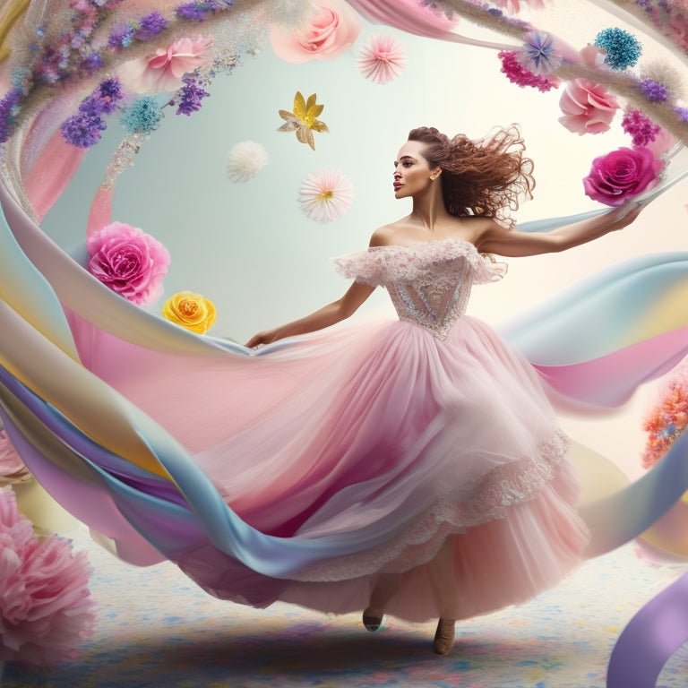 A whimsical illustration of a person surrounded by swirling ribbons and flowers, with a subtle dance studio background, conveying freedom and joy, with pastel colors and soft, flowing lines.