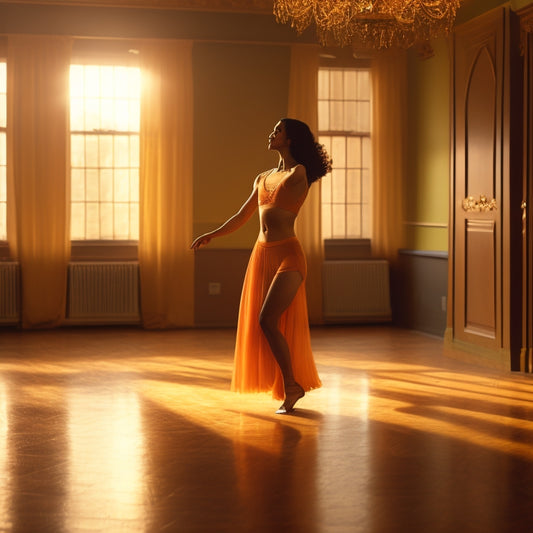 A warm, golden-lit dance studio with a lone figure, a woman, standing in a relaxed, contrapposto stance, her hips cocked, one hand on her hip, and the other extended behind her, lost in thought.