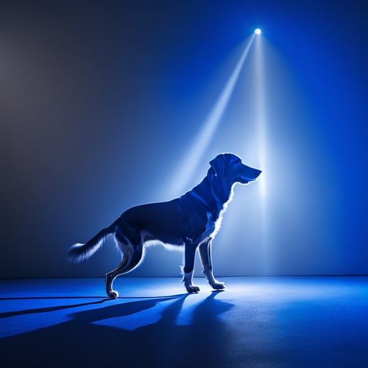 A dramatic spotlight shines on a dog's silhouette, frozen in mid-dance, with intricate shadows revealing the movement of its legs, tail, and ears, set against a dark, gradient blue background.