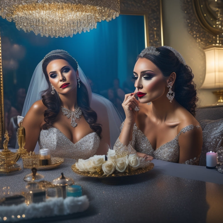 A glamorous, dimly-lit backdrop of a Las Vegas wedding venue, with a stunning bride-to-be sitting in front of a vanity, surrounded by makeup brushes, mirrors, and glittering jewelry.
