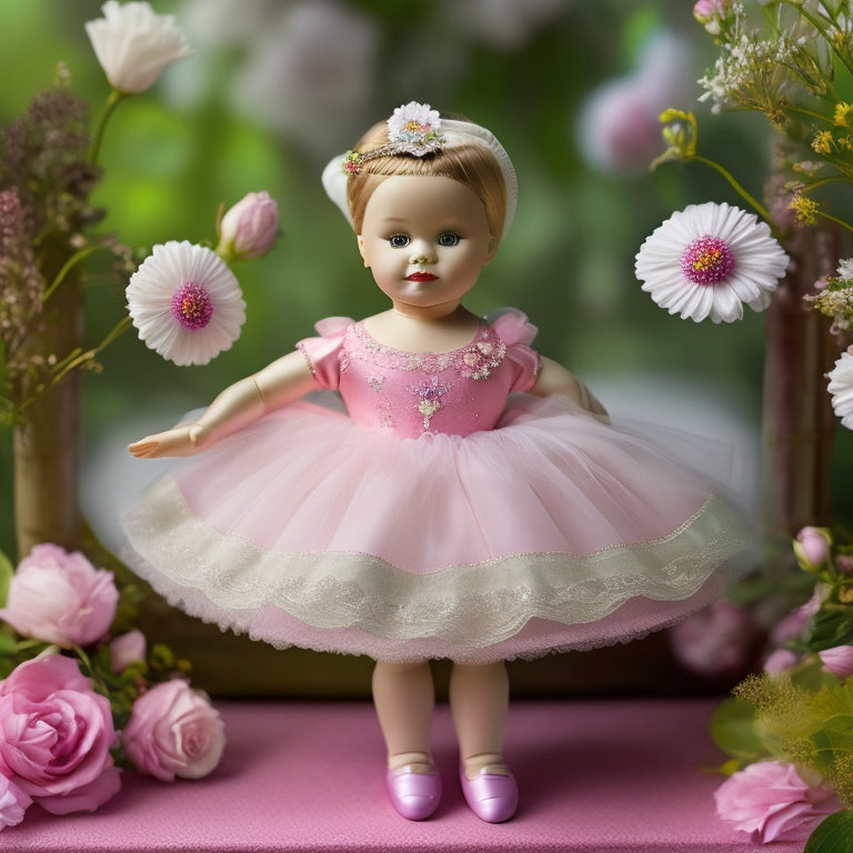 A whimsical illustration of a beautifully crafted, porcelain-skinned Clara Ballerina doll in a flowing, pastel pink tutu, surrounded by delicate flowers and ribbons, set against a soft, creamy background.