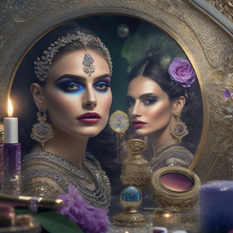 Create an image featuring a whimsical, ornate mirror reflecting a fantastical, glowing makeup design on a woman's face, surrounded by scattered cosmetics and mystical artifacts.