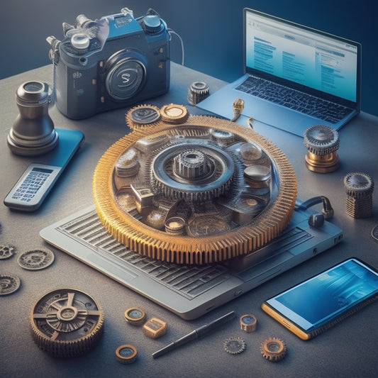 A stylized illustration of a sales funnel with gears and cogs, surrounded by laptops, smartphones, and tablets, with a subtle background of coding lines and dollar signs.