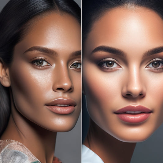 A stylized illustration of a person's face with a split-screen effect: one side with a natural, glowing complexion, and the other with a digital overlay of skincare products and makeup tutorials.