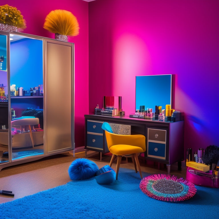 A bright, colorful dance studio with a vanity in the corner, surrounded by makeup brushes, mirrors, and a laptop open to an online course website, with a pair of dancing shoes and a sequined costume nearby.