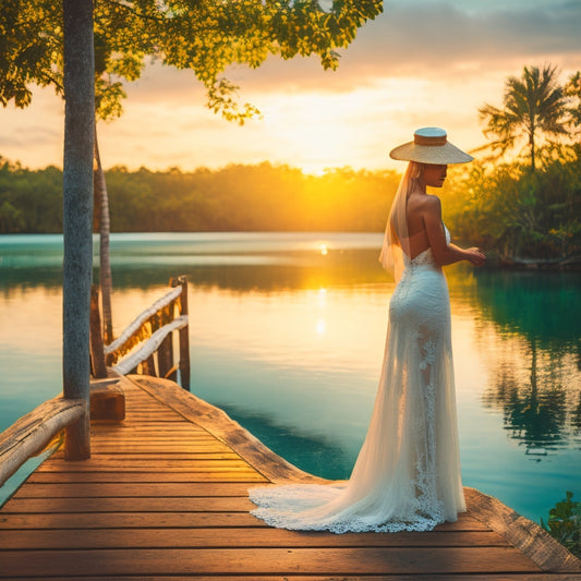 A serene, golden-hour scene featuring a elegant, lace-veiled bride standing on a weathered wooden dock, surrounded by lush tropical greenery and gently lapping turquoise waters.