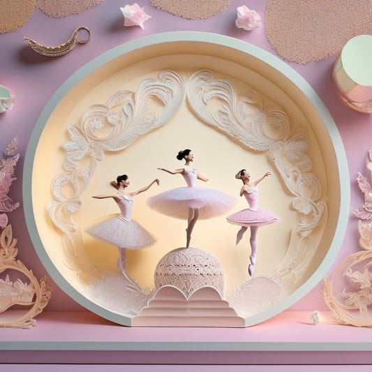 A delicate, whimsical illustration featuring intricate papercut designs inspired by ballet, with swirling tutus, ballet shoes, and music notes, set against a soft, pastel-colored background with subtle texture.