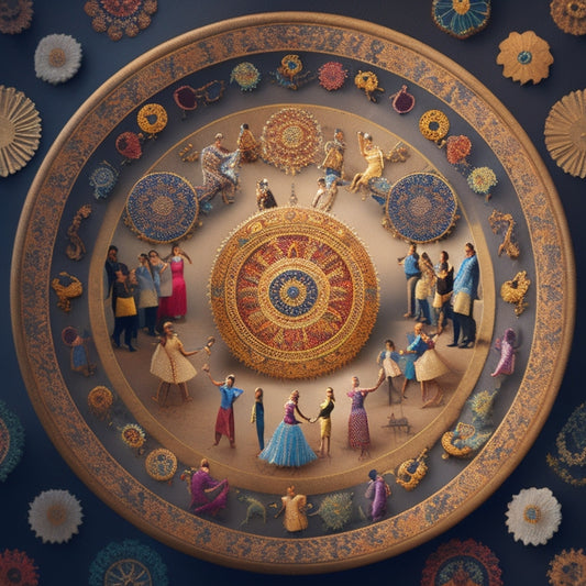 A whimsical illustration of a rotating wheel, adorned with symbolic folk patterns, surrounded by dancing silhouettes of people from diverse cultural backgrounds, with threads connecting them to the wheel's center.