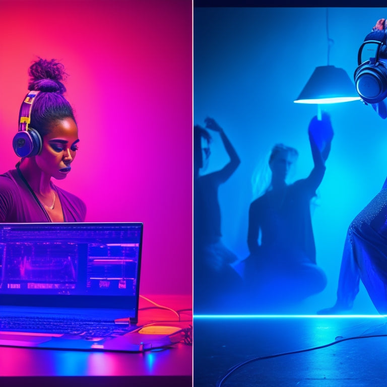 A split-screen image featuring a choreographer in a dimly lit studio, surrounded by laptops and headphones, intensely focused on their work, alongside a vibrant, dynamic dance performance with flashing lights and energetic dancers.