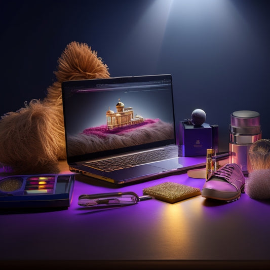 A whimsical illustration of a laptop open to a virtual dance studio, surrounded by makeup brushes, a mirror, and dance shoes, with a subtle glow of stage lights in the background.