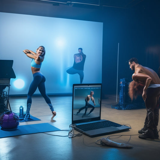 A frustrated dancer, surrounded by mirrors and dance studio equipment, stands frozen in confusion, with a laptop or tablet in the background displaying a paused choreography tutorial video.