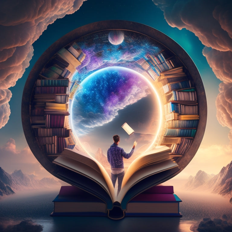 An illustration of a person peering into a giant, glowing, iridescent portal, surrounded by swirling clouds of knowledge, with floating books, gears, and lightbulbs orbiting their head.