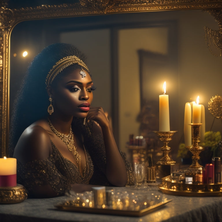 A luxurious, dimly lit vanity setup with a majestic, dark-skinned woman sitting in front of a ornate, gold-framed mirror, surrounded by lavish makeup products and soft, glowing candles.