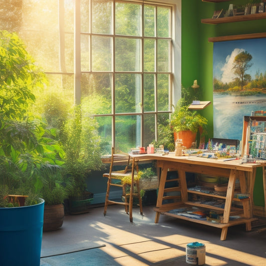 A vibrant, sunlit studio filled with easels, canvases, paint-splattered tables, and shelves overflowing with art supplies, surrounded by lush greenery and large windows.