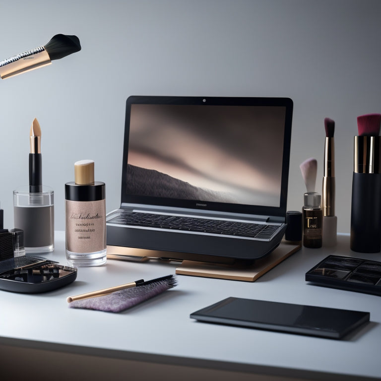 A sleek, modern makeup station with a laptop, open to a online course webpage, surrounded by makeup brushes, palettes, and products, with a subtle, soft focus background.