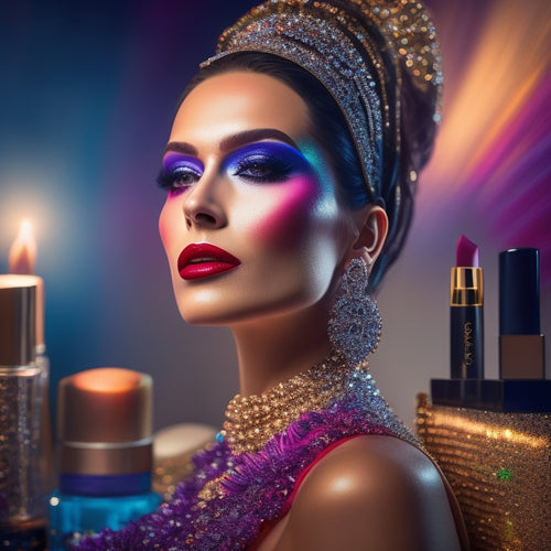 A spotlight shines on a elegantly dressed makeup designer, surrounded by a array of colorful cosmetics and brushes, with a stunning model in the background, showcasing a vibrant, avant-garde look.