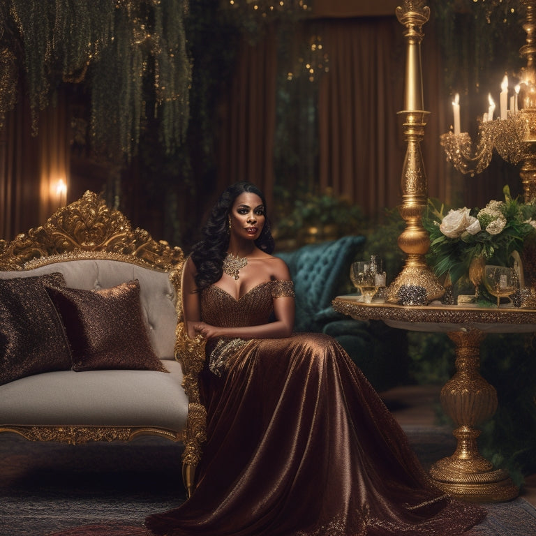 A regal, velvet-draped backdrop, adorned with golden accents, behind a stunning model in a flowing, champagne-colored evening gown, surrounded by candelabras and lush greenery, exuding opulence and sophistication.