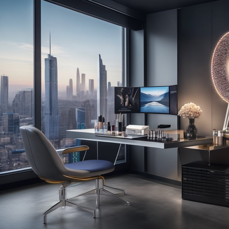 A futuristic, sleek, and modern makeup studio setup with a desk, chair, and a large screen displaying a social media analytics dashboard, surrounded by makeup products and brushes, with a subtle cityscape background.