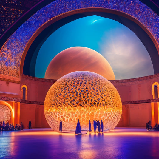 A vibrant, futuristic stage with a giant, glowing orb at its center, surrounded by swirling patterns of Middle Eastern architecture, with dancing silhouettes of Raqs artists in motion.