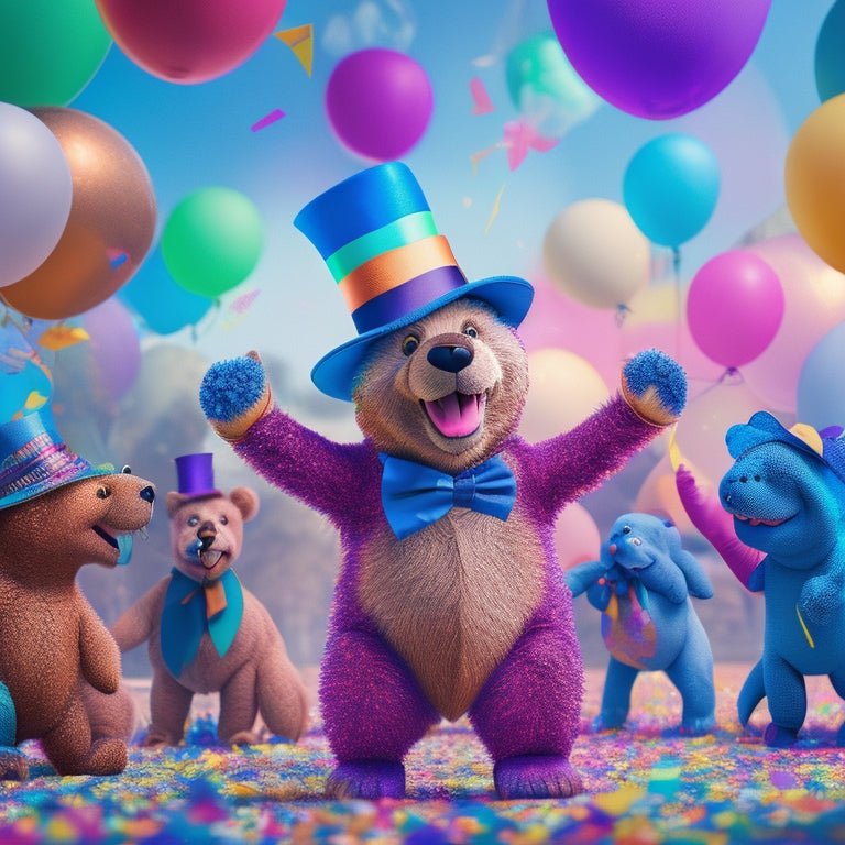 A vibrant illustration of Ollie Bear, a smiling teddy bear in a sparkly top hat, dancing with a group of colorful, energetic dinosaurs, surrounded by confetti and balloons in a bright, sunny setting.