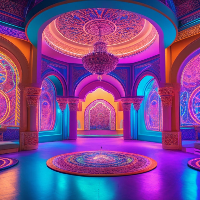 A vibrant illustration of a futuristic, neon-lit dance studio with Middle Eastern-inspired architecture, surrounded by swirling patterns of Arabic calligraphy and mesmerizing LED lights.