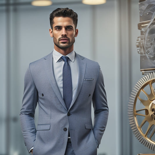 A polished, modern entrepreneur standing confidently in front of a sleek, minimalist backdrop, surrounded by subtle, interconnected gears and cogs symbolizing a well-oiled brand machine.