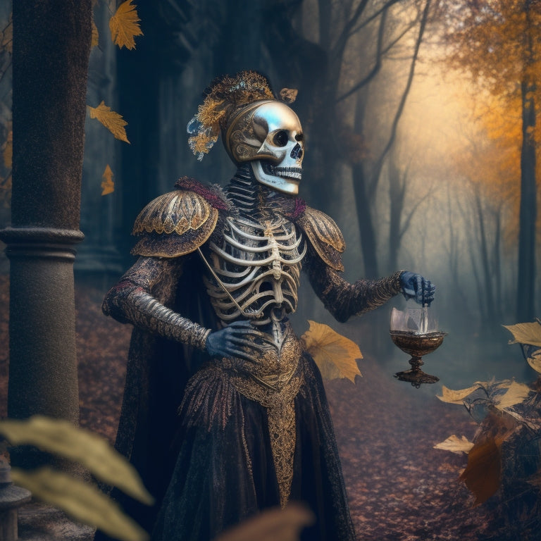 A hauntingly beautiful illustration featuring a medieval-inspired skeleton, adorned with a ornate masquerade mask, dancing amidst a whirlwind of autumn leaves, surrounded by forgotten clocks and fading candelabras.