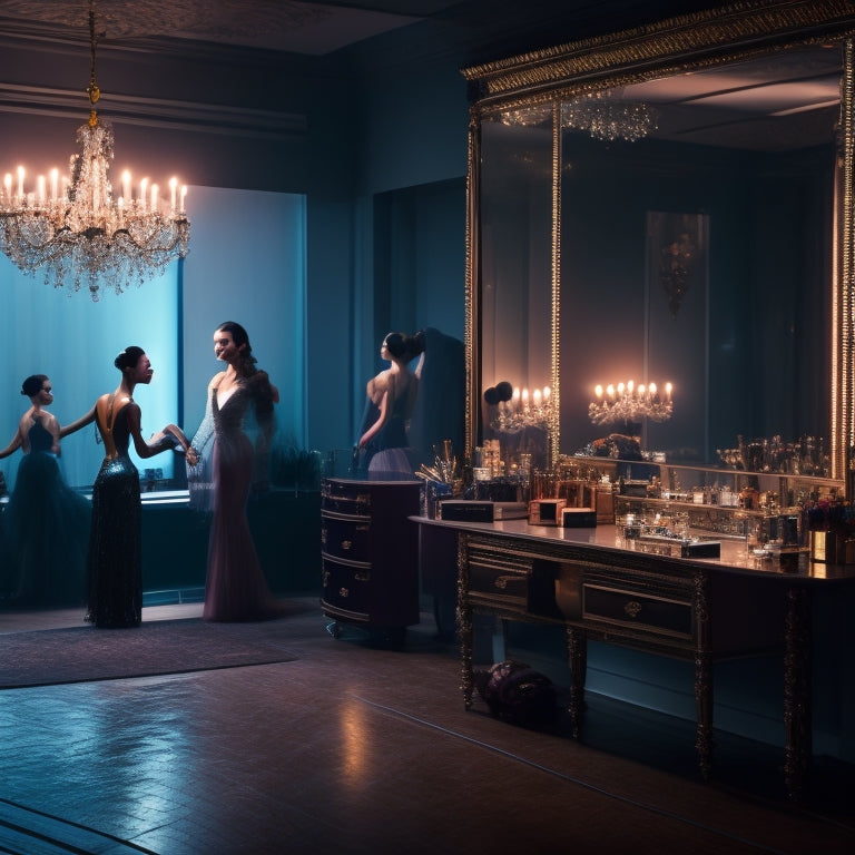 A glamorous, dimly lit dance studio with a vanity in the corner, adorned with makeup brushes, palettes, and mirrors, surrounded by ballet bars and a few dancers in the background, gazing at their reflections.