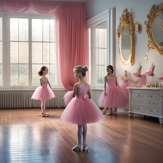 A serene, spotlight-lit ballet studio with a young dancer in a elegant, pale-pink tutu, standing in front of a floor-to-ceiling mirror, surrounded by scattered dance shoes and hair accessories.